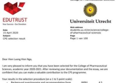 Chúc Mừng Bạn Lương Hiền Nga Đã Nhận Được Thư Mời Nhập Học Tại Utrecht University