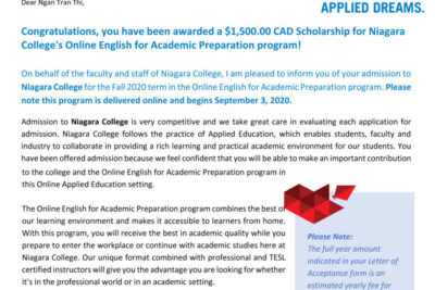 CHÚC MỪNG HỌC SINH TRẦN THỊ NGÂN ĐÃ NHẬN ĐƯỢC HỌC BỔNG KHÓA TIẾNG ANH ONLINE TẠI CANADA