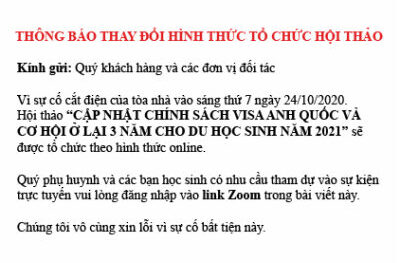 Thông Báo Thay Đổi Hình Thức Tổ Chức Hội Thảo Du Học Anh Quốc