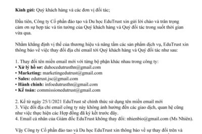 Du Học EduTrust Thông Báo Thay Đổi Địa Chỉ Email Công Ty