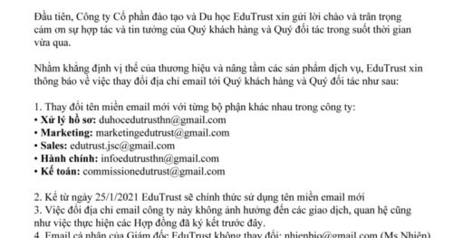 Du Học EduTrust Thông Báo Thay Đổi Địa Chỉ Email Công Ty